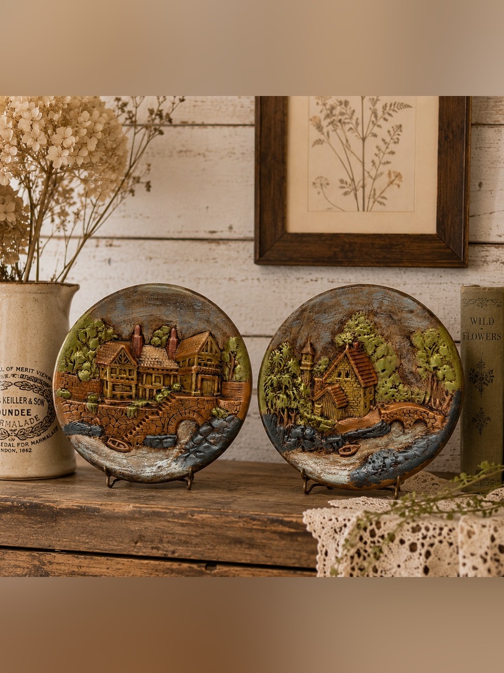 Vintage Phyllis Miller 1975 Hand Painted Ceramic Wall Plate Cottage Landscape